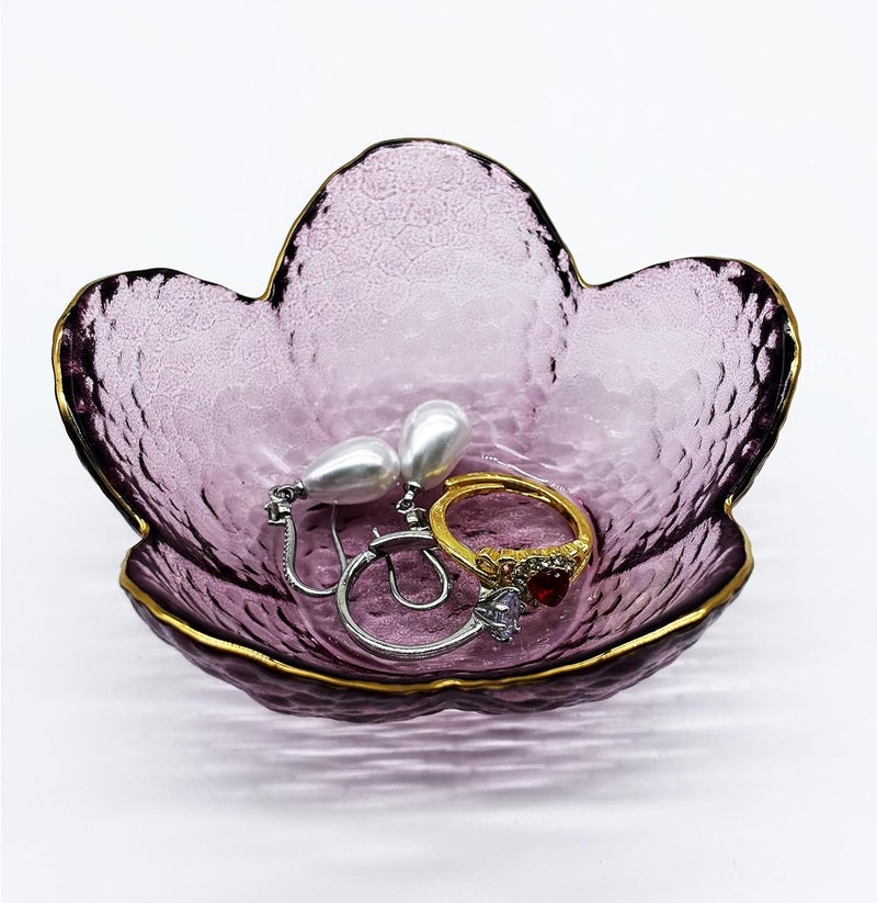 BESSKON Purple Flower Ring Dish, Small Glass Jewelry Dish Tray, Ring Holder Jewlery Tray Trinket Dish, Bathroom Nightstand Decor Jewelry Bowl Christmas Friendship Birthday Gifts for Women, Soap Dish - Image 1